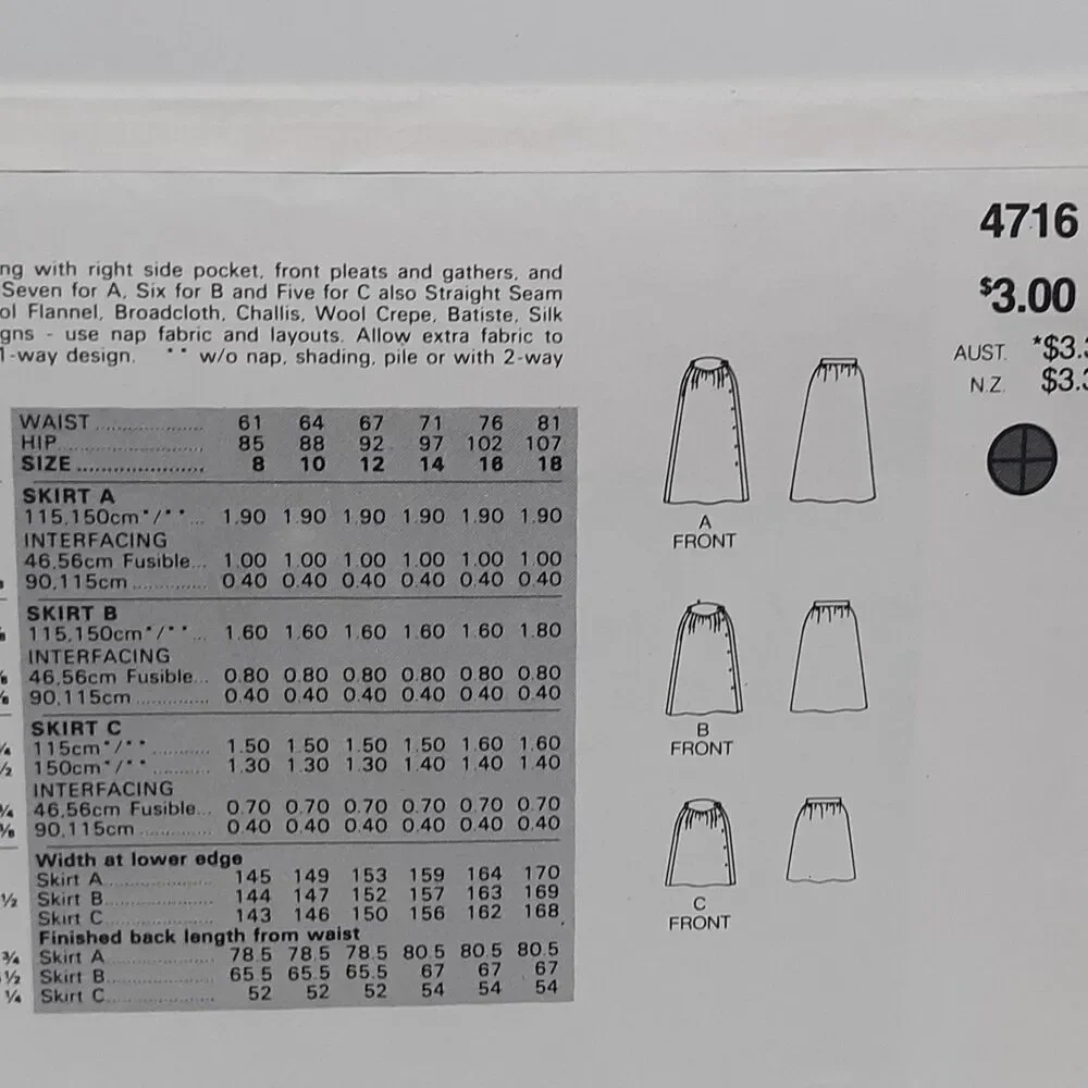 NEW Vintage Butterick Sewing Pattern 4716 14/16/18 Misses/Womens Flared Skirts